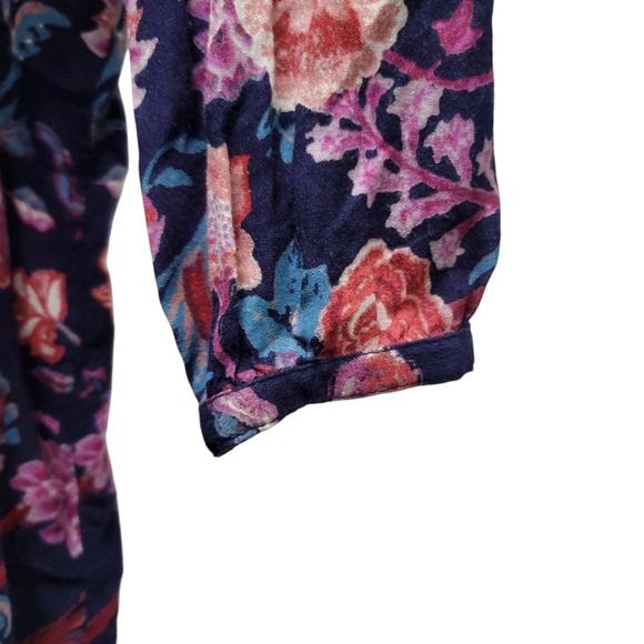 Lucky Brand Sz XL Top Blouse Shirt Blue Floral Print Tassel Tie Rayon - Picture 3 of 7